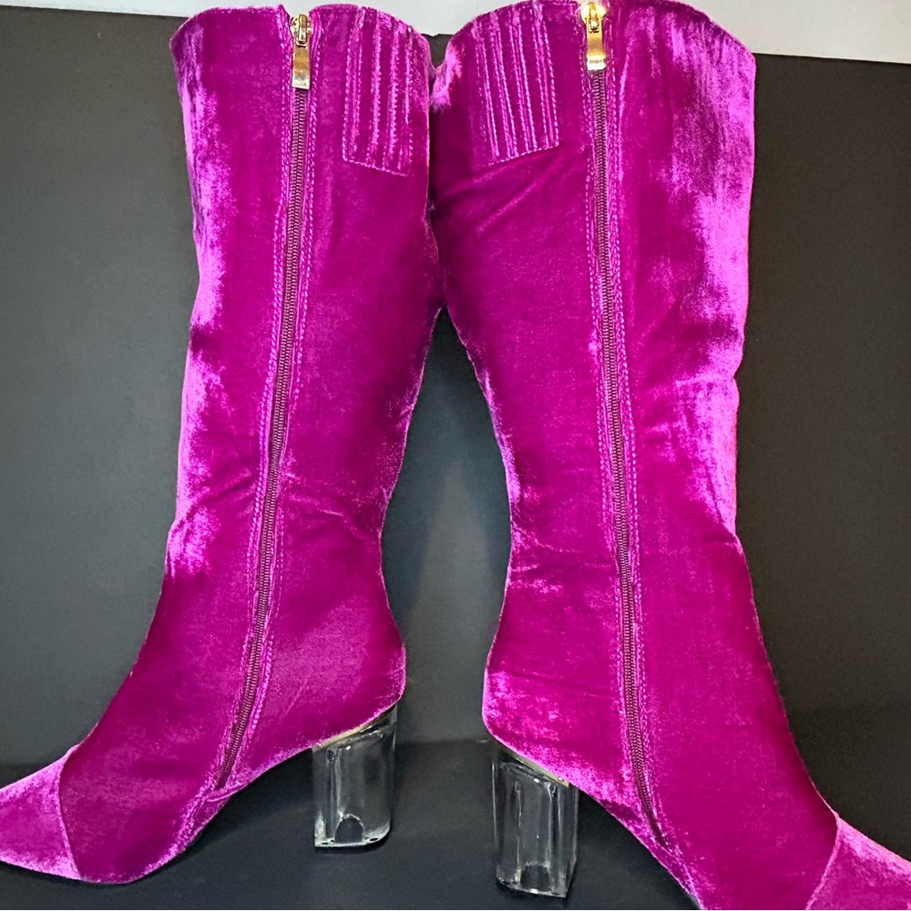 New Wide Calf Size 8W Pink Magenta Velvet With Clear Chunky Heel Boots - Picture 5 of 16